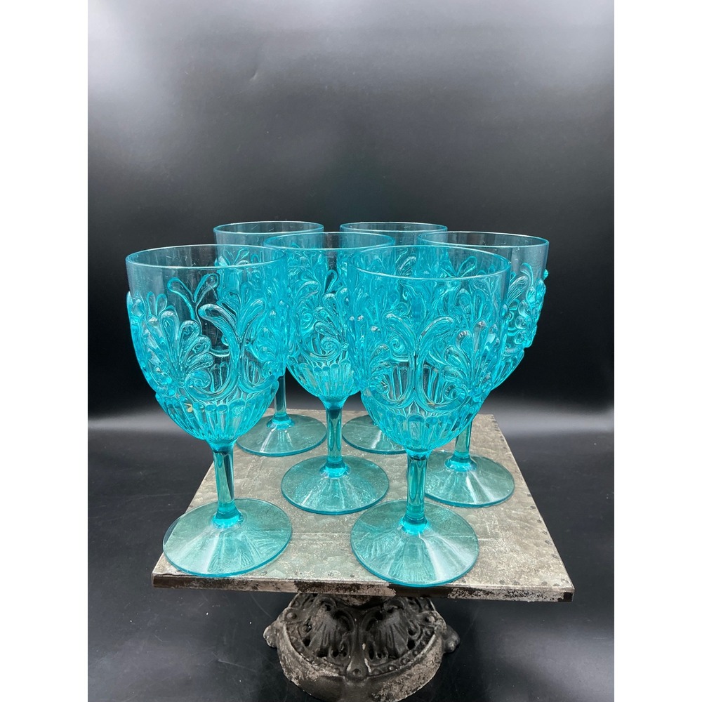 Set of 6 Turquoise Blue Acrylic Wine Goblets Embossed Scroll Pattern 7 inch